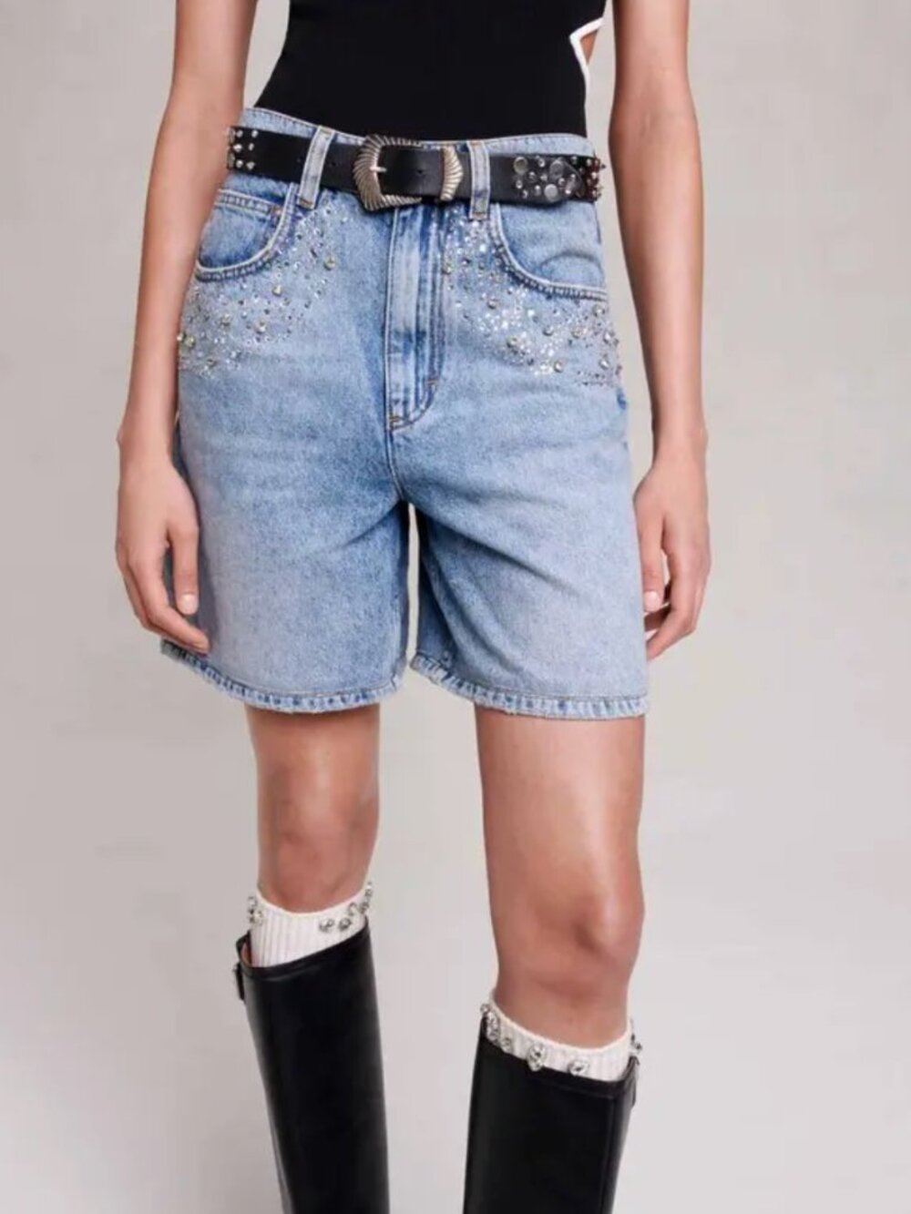 Maje | Crystal-Embellished Denim Shorts